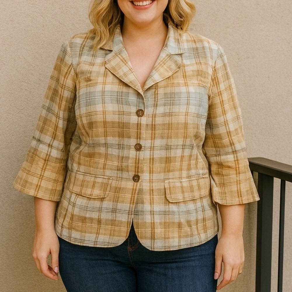 Tommy Hilfiger Cream Plaid Peplum Short Sleeve Jacket Women's‎ Size 24